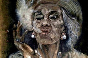 Titel: Brazil Woman, Technik: Acryl auf Kaffeesack, Quelle: Artwork für Album 'Wait till the Morning' der Band Mojo Makers