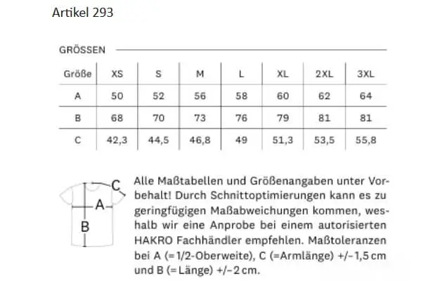 Größentabelle für das verfügbare T-Shirtmodell für Erwachsene