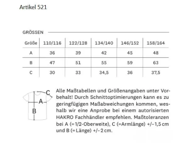 Größentabelle für das verfügbare T-Shirtmodell für Kinder